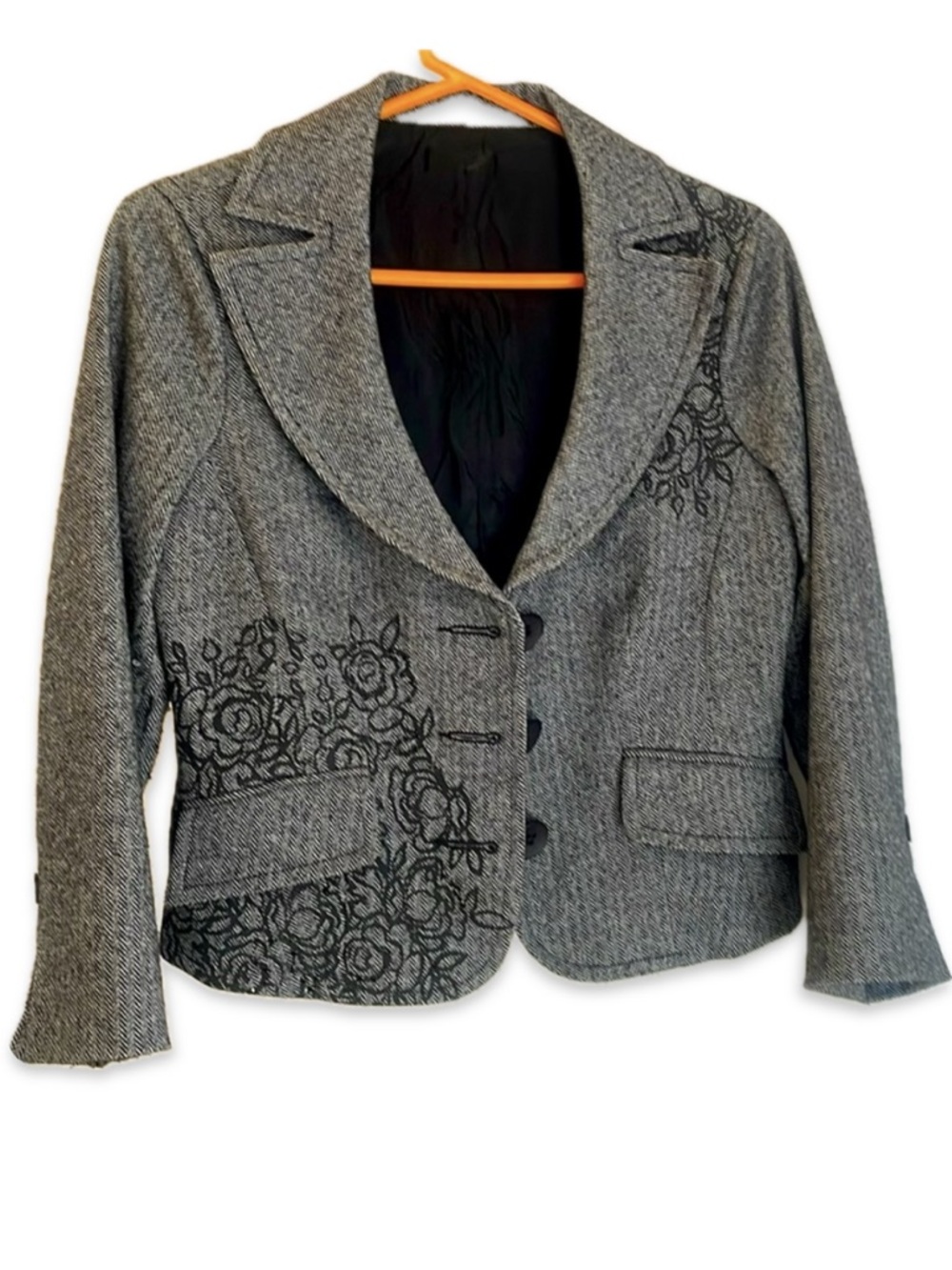 Premium Black White Wool Blend Rhinestone Accent Slit Sleeve Blazer Jacket